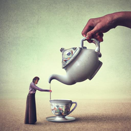 Hình ảnh kỳ lạ của một ấm trà khổng lồ đổ trà vào một tách nhỏ.