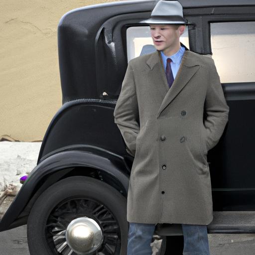 Chàng trai với mũ fedora và áo khoác đứng trước xe cổ.