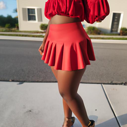 Áo croptop đỏ tay bồng phối đồ với chân váy ngắn màu đen và giày cao gót đỏ