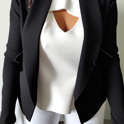 Áo khoác blazer thời trang phối cùng quần đen và áo blouse trắng.