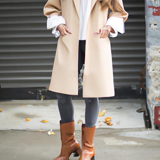 Mặc áo khoác màu be phối cùng áo blouse trắng, quần ống suông và giày boot nâu.