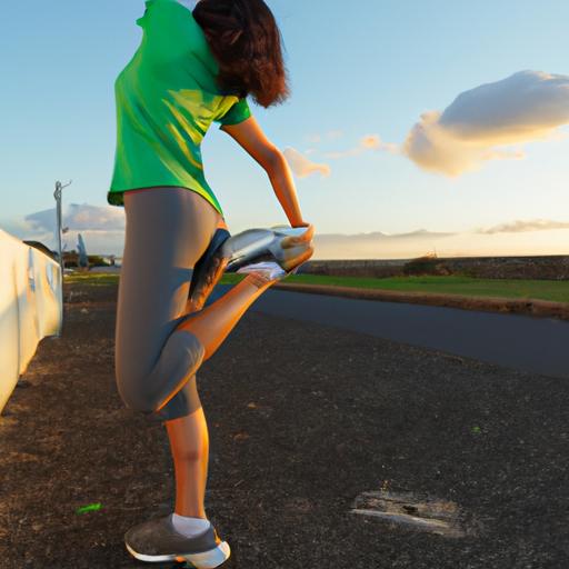 Một người phụ nữ mặc áo polo xanh kết hợp với quần jogger màu xám và giày thể thao trắng tập thể dục buổi sáng