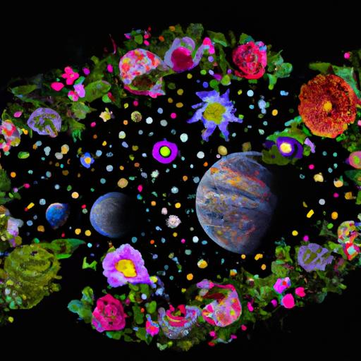 Bản đồ vũ trụ với các hành tinh và tiểu hành tinh được tạo hình bằng hoa