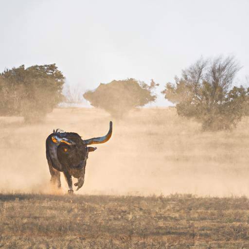 Con bò chạy qua cánh đồng với bụi bẩn bay phía sau