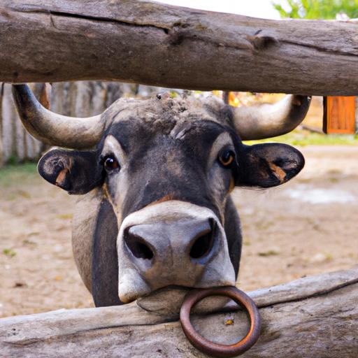 Con bò có vòng qua mũi đứng trước hàng rào gỗ