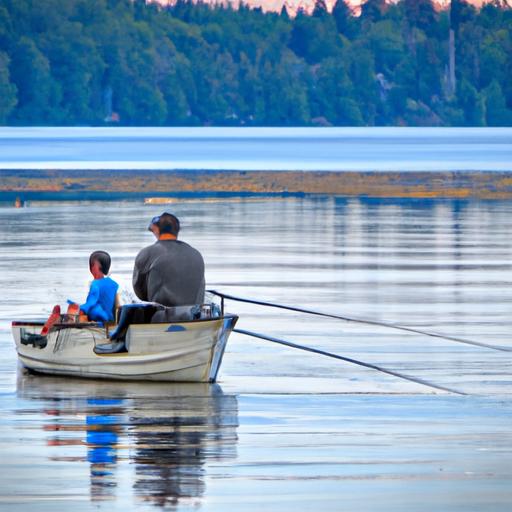 Bố và con trai đi câu cá trên thuyền trên hồ yên tĩnh