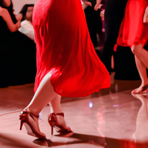 Một người phụ nữ mặc váy đỏ và giày cao gót, tự tin nhảy múa trên sàn nhảy