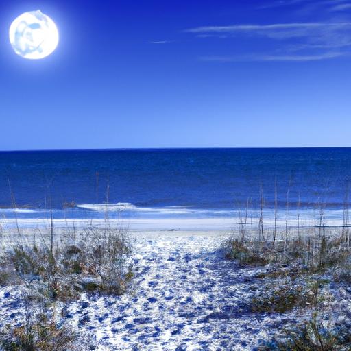 Một cảnh biển yên bình vào ban đêm, với mặt trăng tròn sáng rực trên bầu trời.