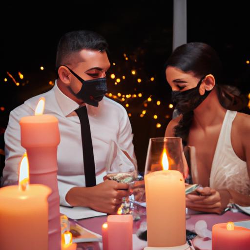 Cặp đôi chia sẻ khoảnh khắc lãng mạn với khẩu trang trong bữa tối ánh nến