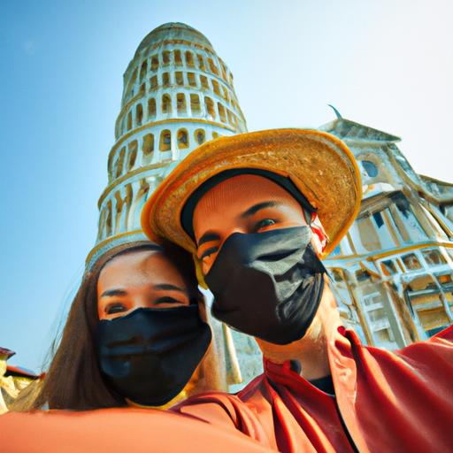 Cặp đôi chụp ảnh selfie với khẩu trang trước tòa nhà nổi tiếng