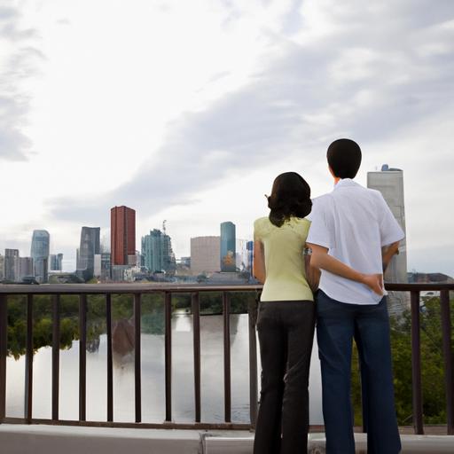 Cặp đôi đứng trên cầu, nhìn ra khung cảnh thành phố
