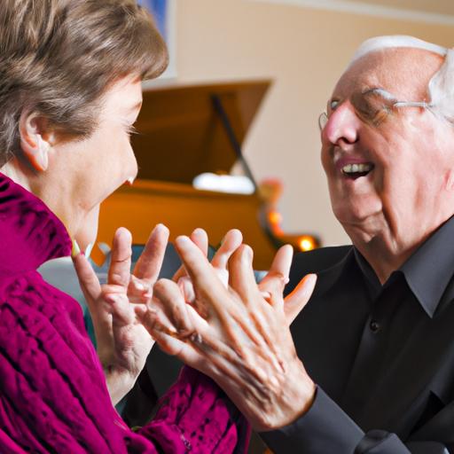 Cặp đôi lão nhắm mắt hát theo bài hát về gia đình, tay trong tay.