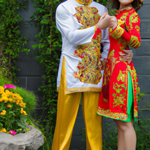 Cặp đôi mặc trang phục cưới truyền thống Việt Nam với màu sắc rực rỡ