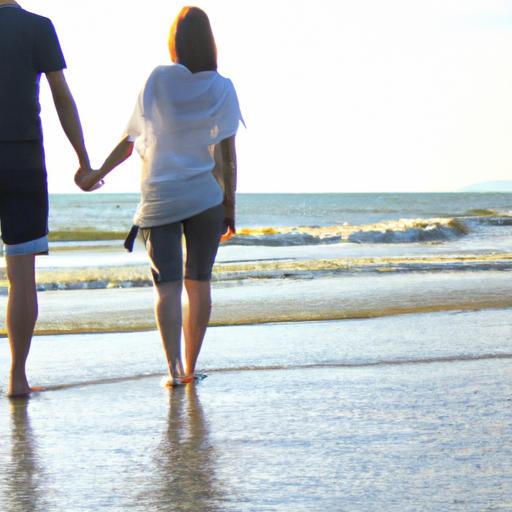 Cặp đôi nắm tay đi bộ trên bãi biển