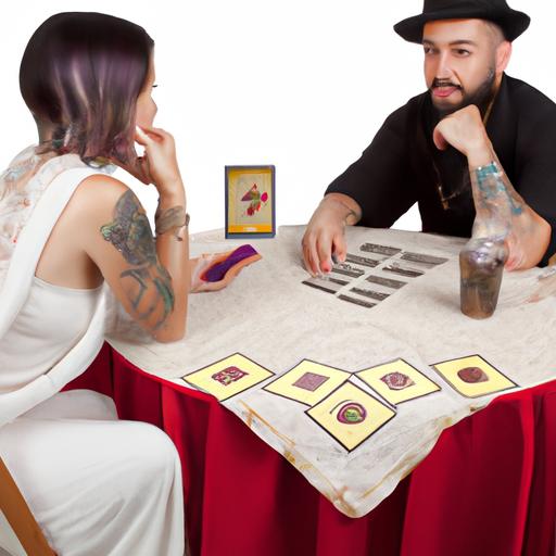 Cặp đôi ngồi đối diện nhau với lá bài Tarot ở giữa