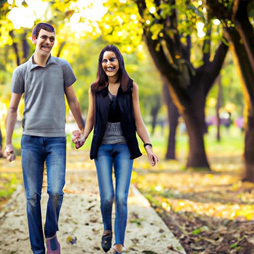 Cặp đôi trẻ đi dạo trong công viên, nắm tay và cười