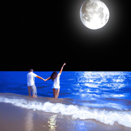 Đôi tay nắm chặt nhau trên bãi biển dưới ánh trăng tròn.