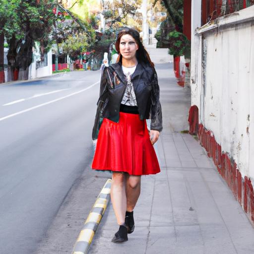 Chân váy chữ A đỏ kết hợp cùng áo khoác da đen tạo nên một outfit cá tính và đẳng cấp