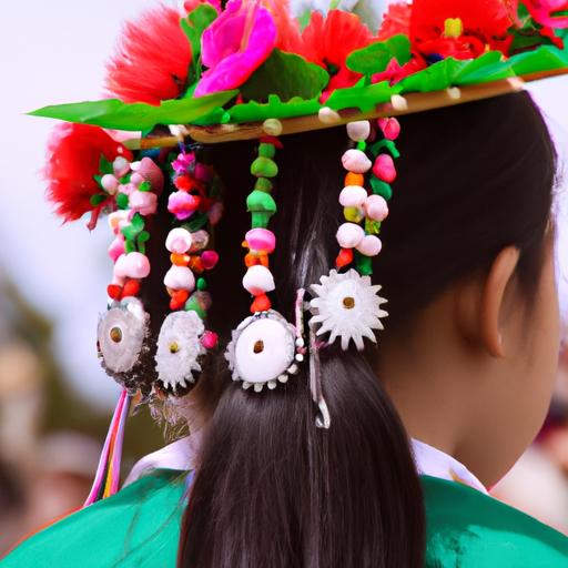 Một cô bé đang đội chiếc nón lá được trang trí đẹp trong lễ hội
