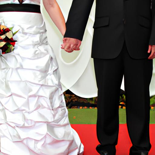 Cô dâu chú rể nắm tay nhau trước nền trang trí đám cưới đẹp mắt.