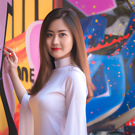 Cô gái trong bộ áo dài Việt Nam hiện đại, tạo dáng trước bức tường graffiti với tác phẩm của mình