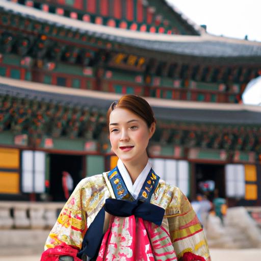 Cô gái Hàn Quốc mặc trang phục truyền thống và chụp ảnh trước đền thờ