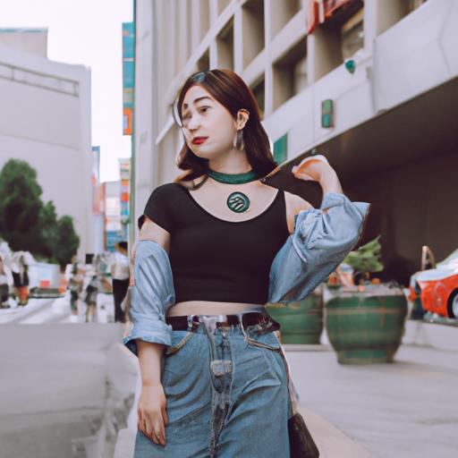 Cô gái Hàn Quốc với trang phục thời trang chụp ảnh trên đường phố thành phố