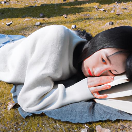 Một cô gái nằm trên cỏ, đọc sách dưới ánh nắng.