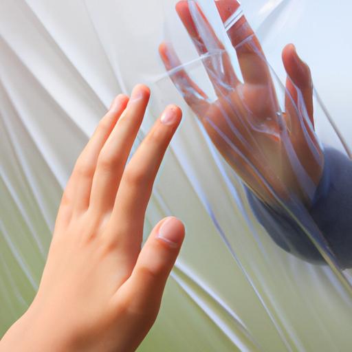 Một cô gái vươn tay chạm vào tay một chàng trai qua một tấm bạt nhựa