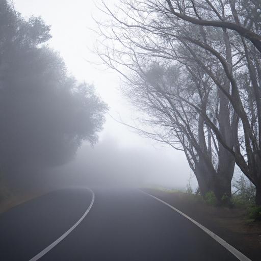Con đường hoang vắng được bao phủ bởi cây cối và sương mù