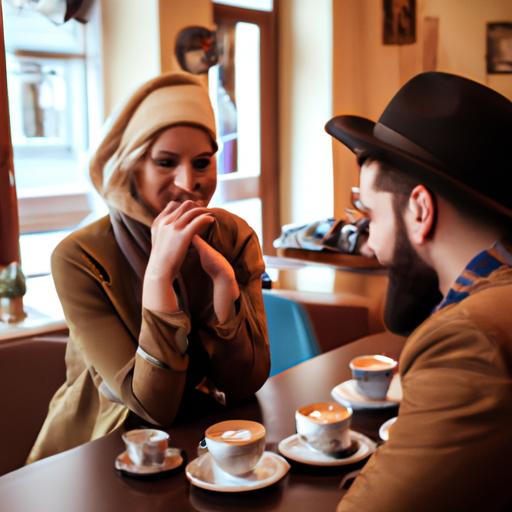 Một cặp đôi đang uống cà phê tại một quán cà phê ấm cúng.