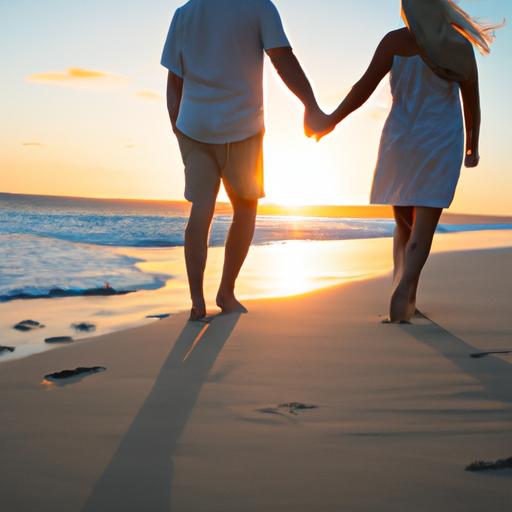 Đôi trai tình nhân cùng tay nắm nhau đi dạo trên bãi biển lúc hoàng hôn