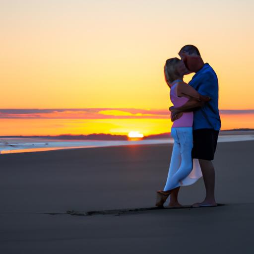 Cặp đôi ôm nhau trên bãi biển, với bầu trời hoàng hôn ở phía sau.