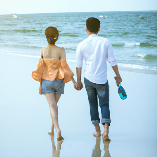 Một người đàn ông và một người phụ nữ cùng đi bộ trên bãi biển. Người phụ nữ mang theo một túi với chai nước hoa hình đôi guốc.