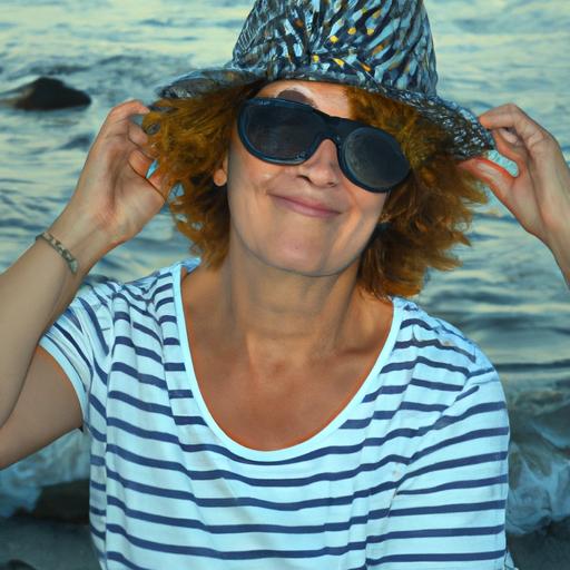 Cung nhân mã nữ với mũ và kính râm trên bãi biển