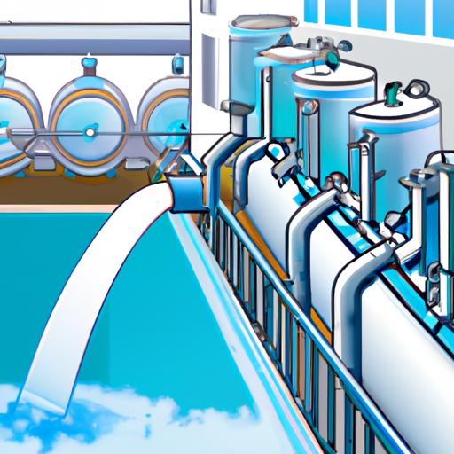 Bức vẽ kỹ thuật số về nhà máy xử lý nước với nước trong suốt chảy qua ống.