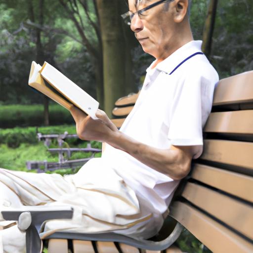 Một người đàn ông già ngồi trên ghế đọc một cuốn tiểu thuyết Trung Quốc.