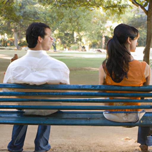 Đôi tình nhân ngồi trên ghế đá trong công viên, nhìn sang phía khác nhau.