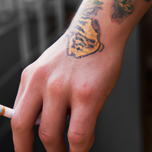 Gần cận về tay cánh tay đàn ông có hình xăm cầm điếu thuốc