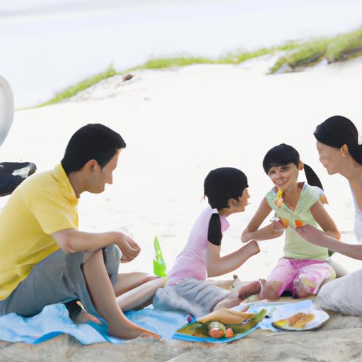 Gia đình năm người đi dã ngoại và ăn picnic tại bãi biển