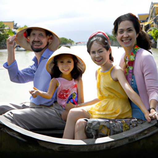 Gia đình tạo dáng trên chiếc thuyền trên sông Thu Bồn ở Hội An.
