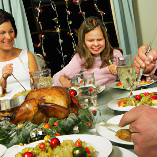 Một gia đình tổ chức bữa tiệc tối giáng sinh với gà tây và các món ăn lễ hội khác.