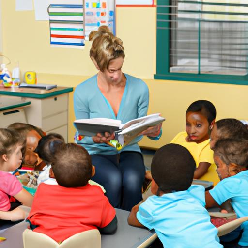 Giáo viên đang đọc sách cho một nhóm trẻ trong lớp học
