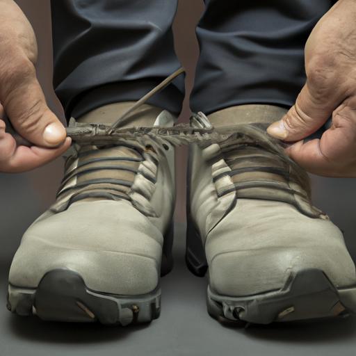 Hình ảnh người cầm đôi giày bảo hộ với nơ dây giày bị tháo.