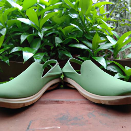 Đôi giày Bata màu xanh đặt trên sàn gỗ với cây xanh phía sau