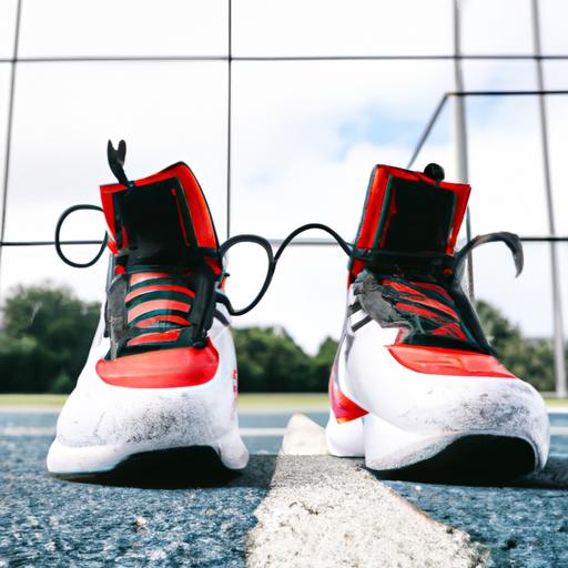 Giày bóng rổ nam Nike màu đỏ trắng nổi bật trên sân.