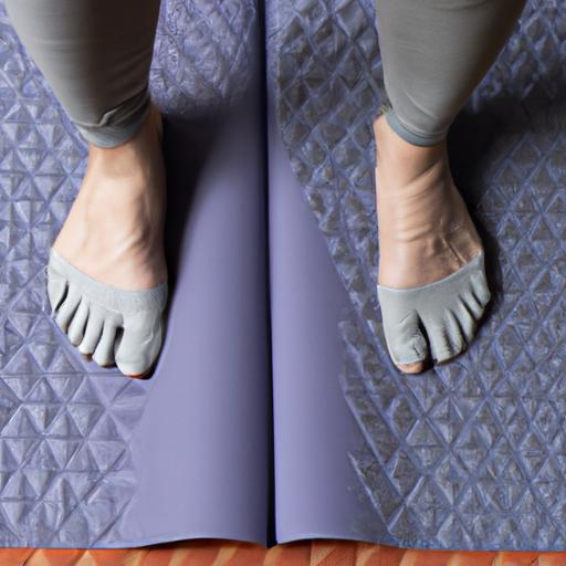 Đôi chân trong giày êm ái đứng trên thảm yoga