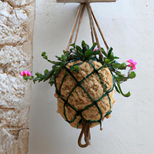 Một giỏ hoa bằng dây thừng treo trên tường