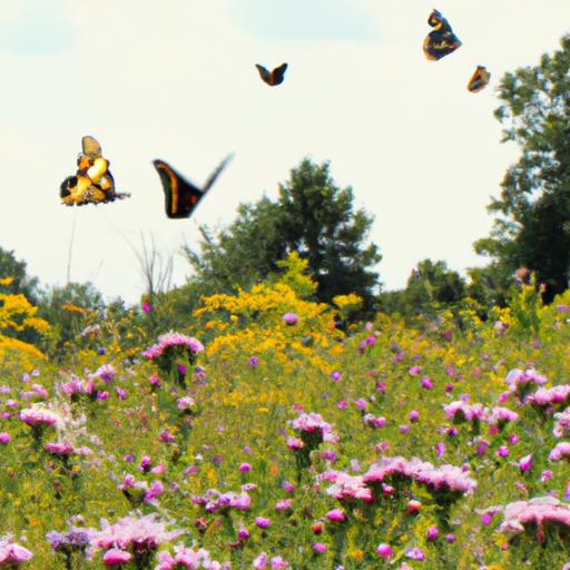 Một đàn bướm bay quanh một cánh đồng hoa dại trong gió.