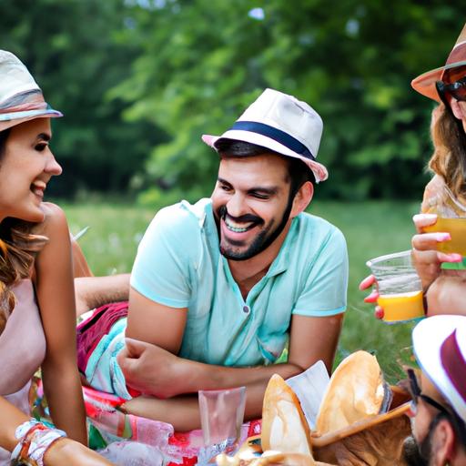 Một nhóm bạn đang ăn picnic và cười đùa với nhau.